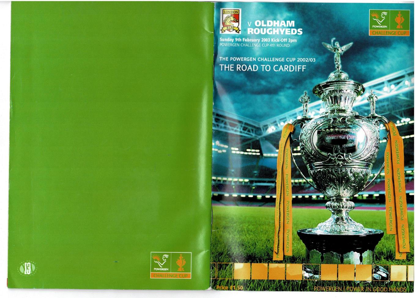 Programme cover: Oldham v London Broncos, 9 February 2003