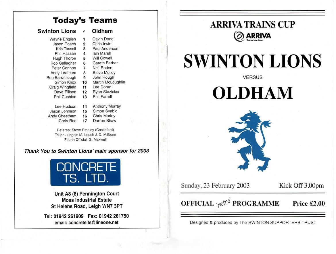 Programme cover: Oldham v Swinton Lions, 23 February 2003