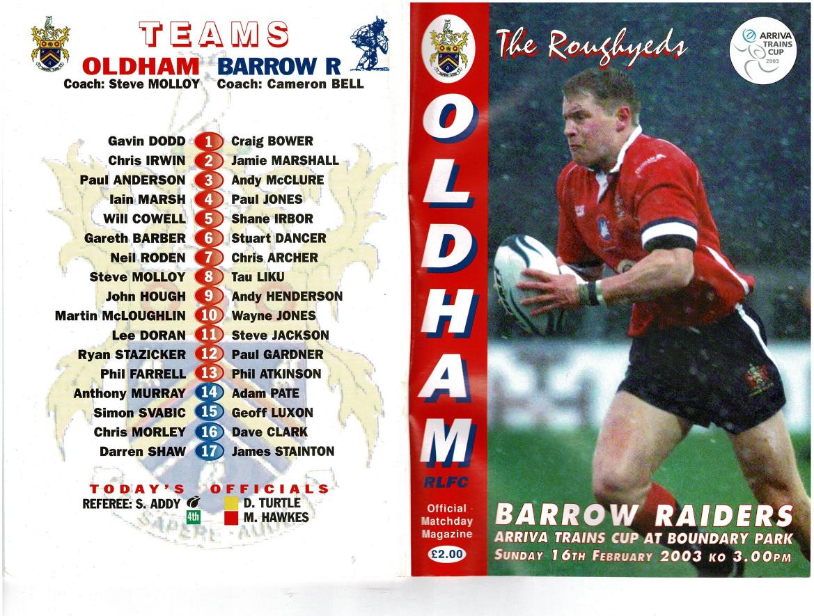 Programme cover: Oldham v Barrow Raiders, 2 March 2003