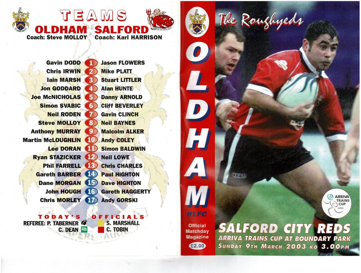 Programme cover: Oldham v Salford City Reds, 9 March 2003