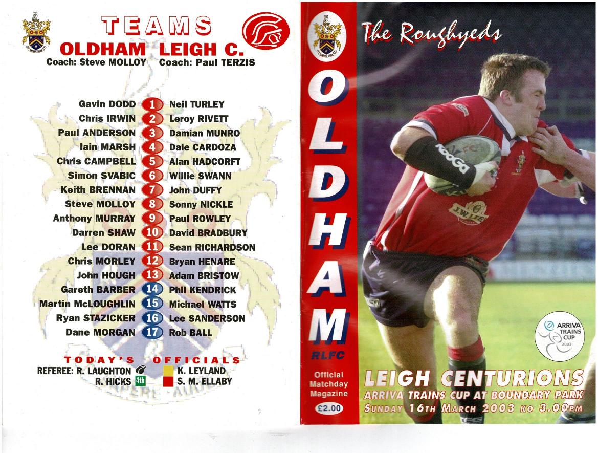 Programme cover: Oldham v Leigh Centurions, 16 March 2003