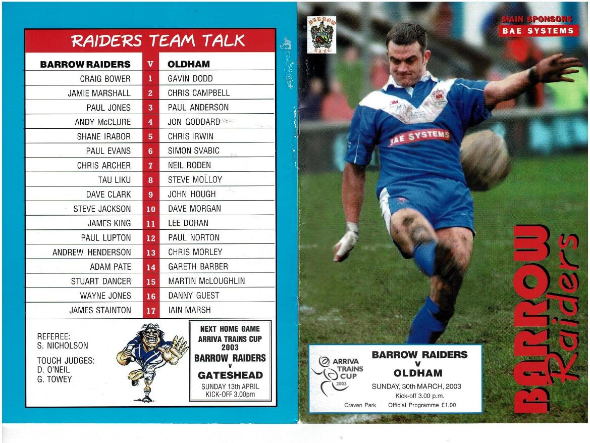 Programme cover: Oldham v Barrow Raiders, 30 March 2003