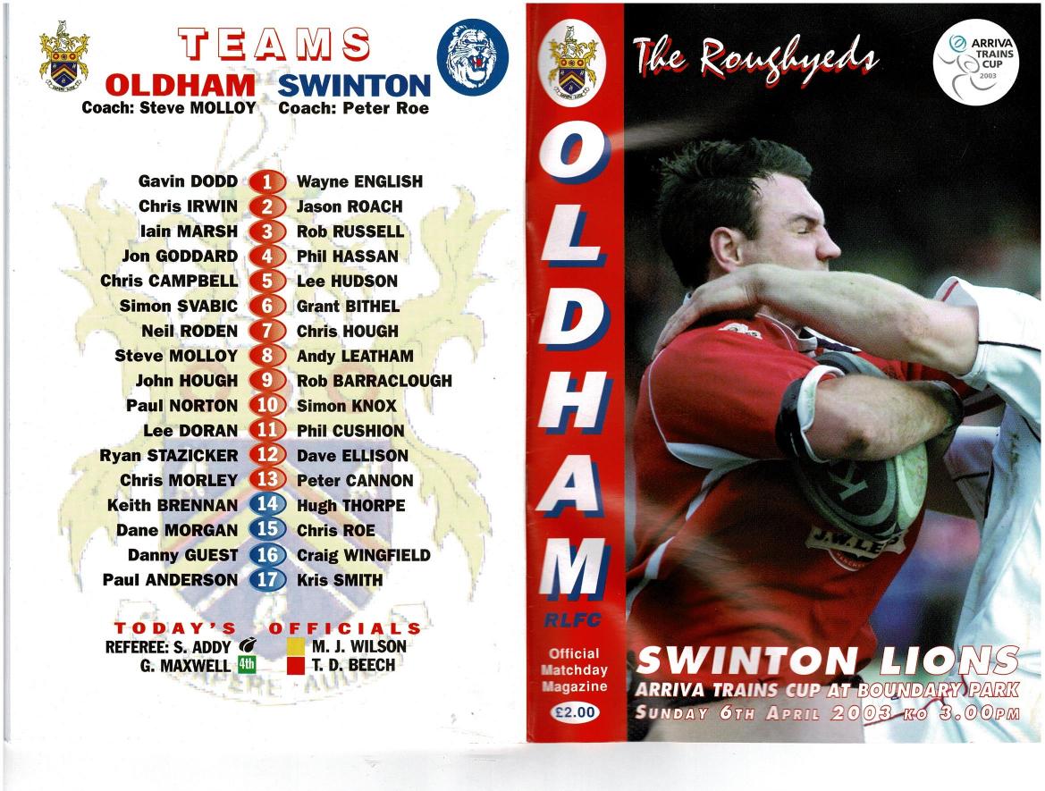 Programme cover: Oldham v Swinton Lions, 6 April 2003