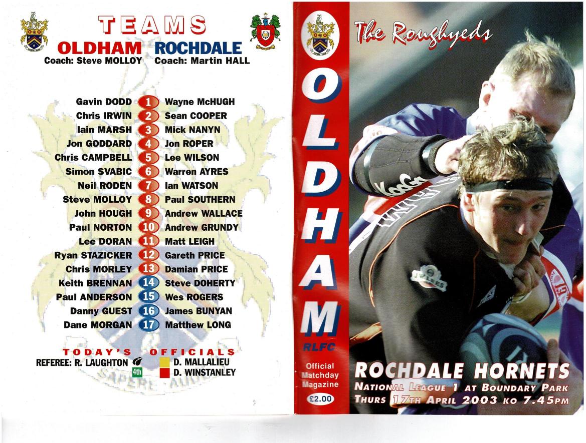 Programme cover: Oldham v Rochdale Hornets, 17 April 2003