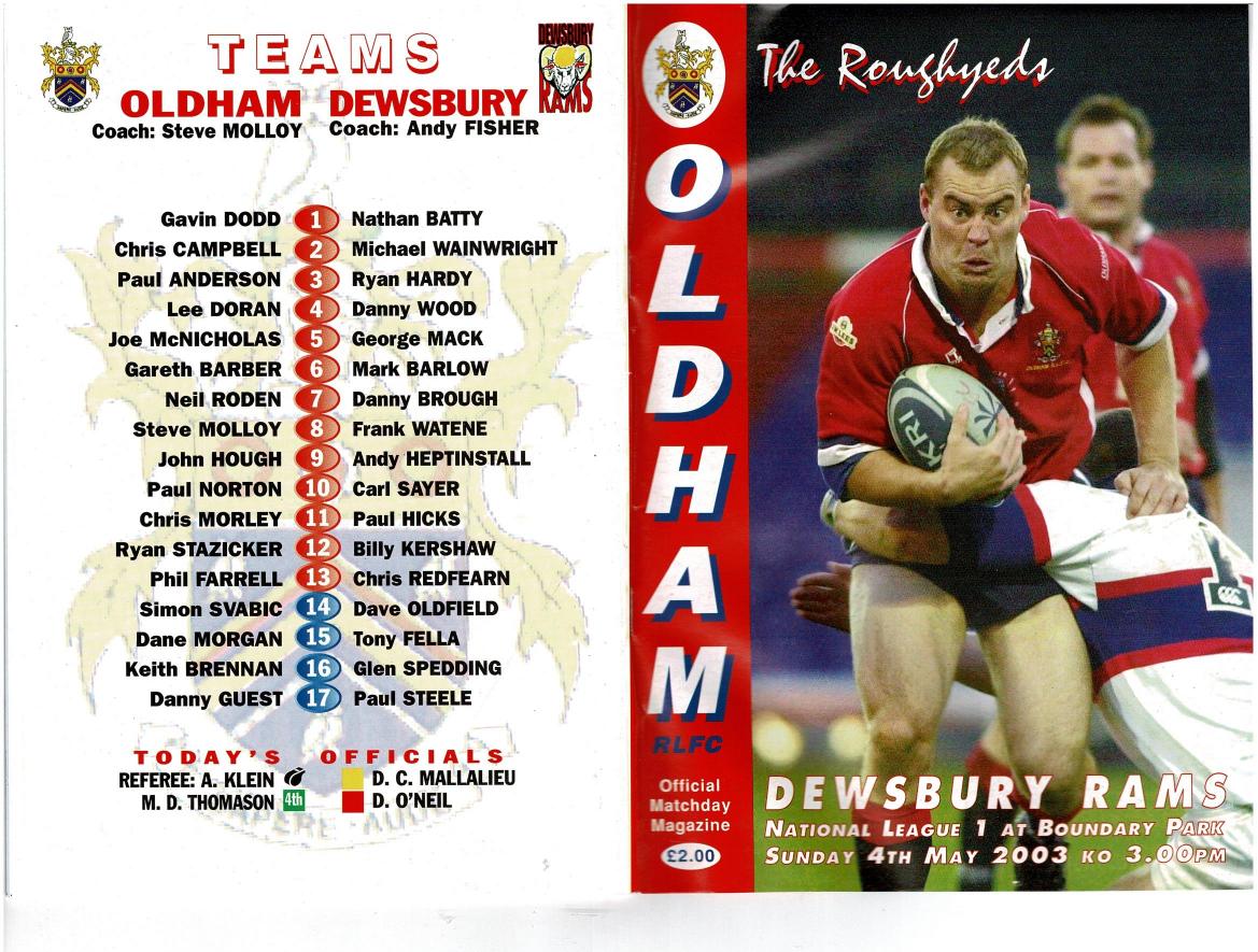 Programme cover: Oldham v Dewsbury Rams, 4 May 2003