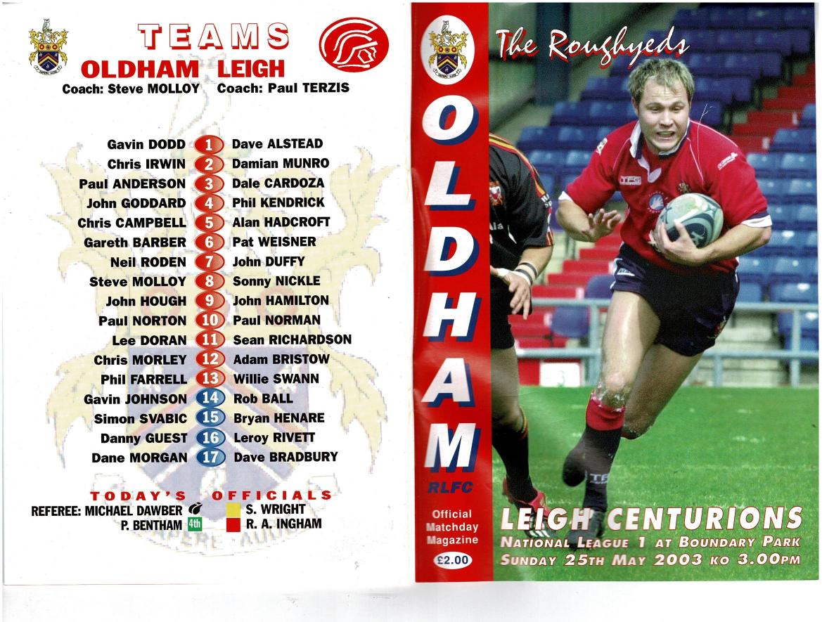 Programme cover: Oldham v Leigh Centurions, 25 May 2003