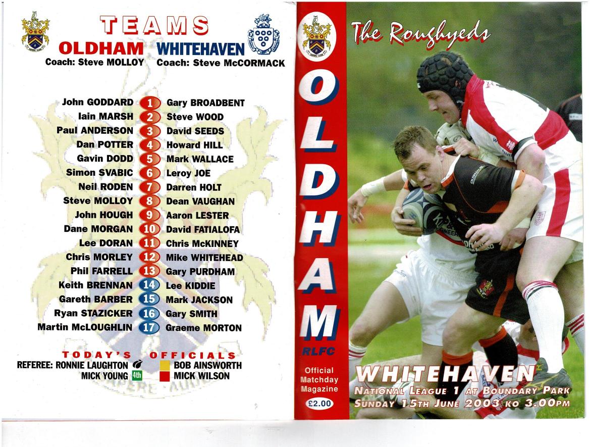Programme cover: Oldham v Whitehaven Warriors, 15 June 2003
