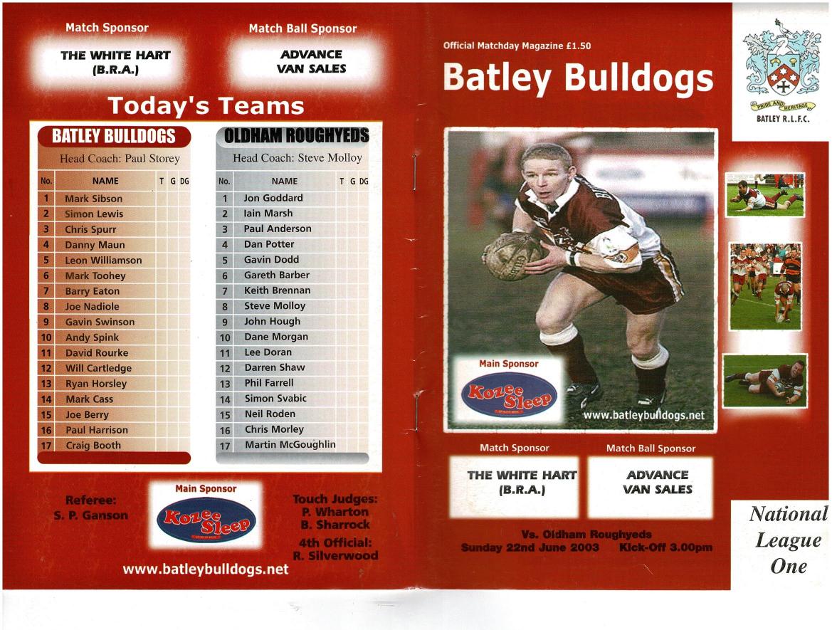 Programme cover: Oldham v Batley Bulldogs, 22 June 2003