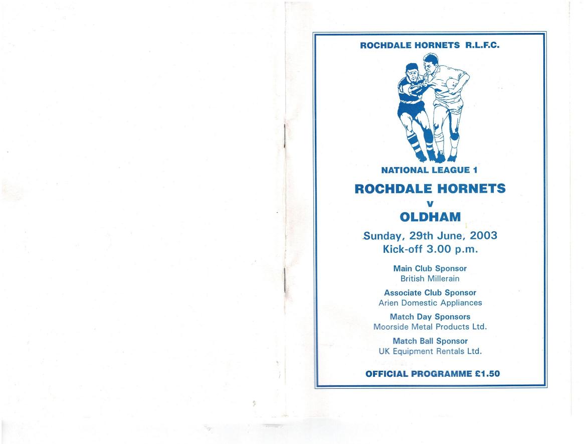 Programme cover: Oldham v Rochdale Hornets, 29 June 2003