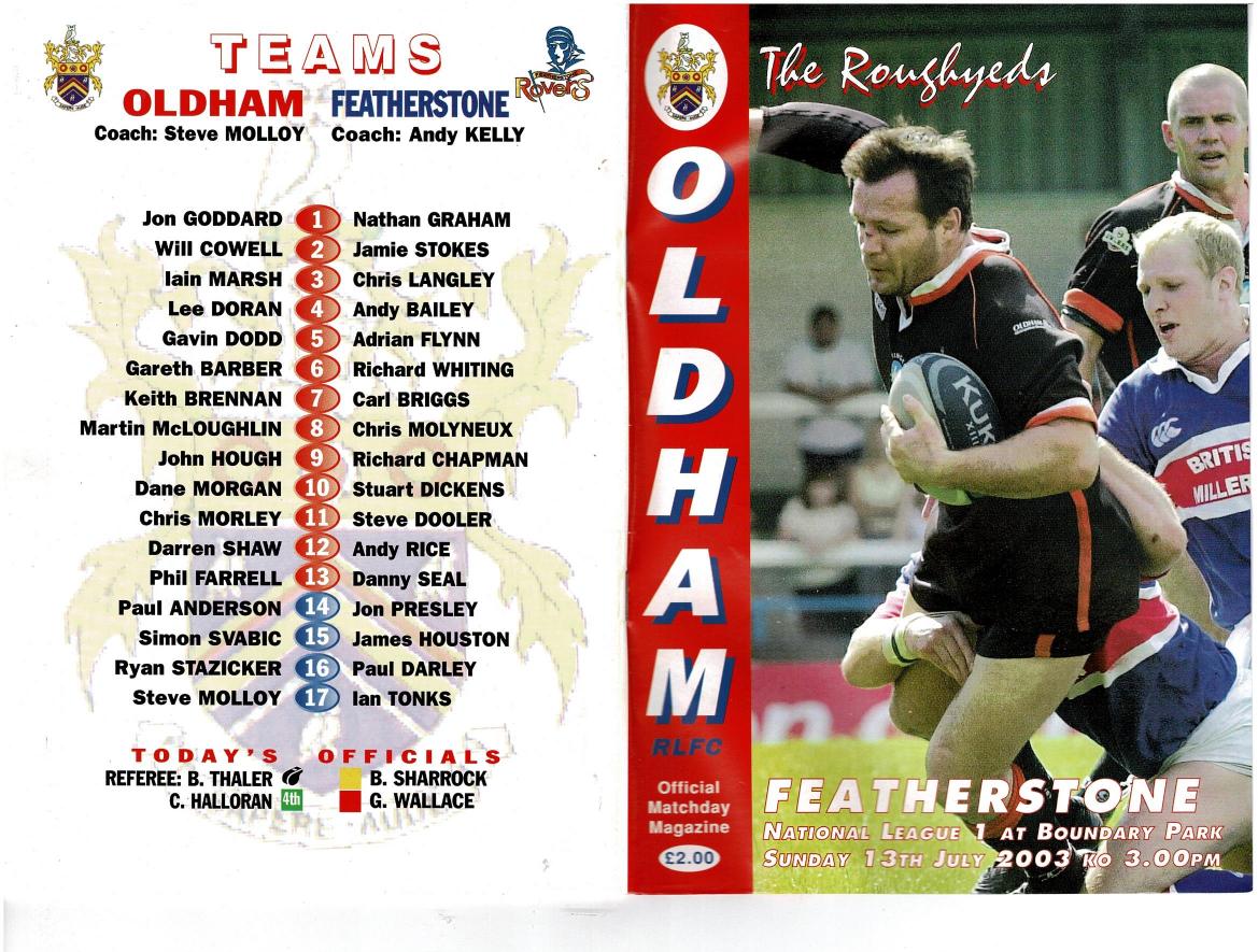 Programme cover: Oldham v Featherstone Rovers, 13 July 2003