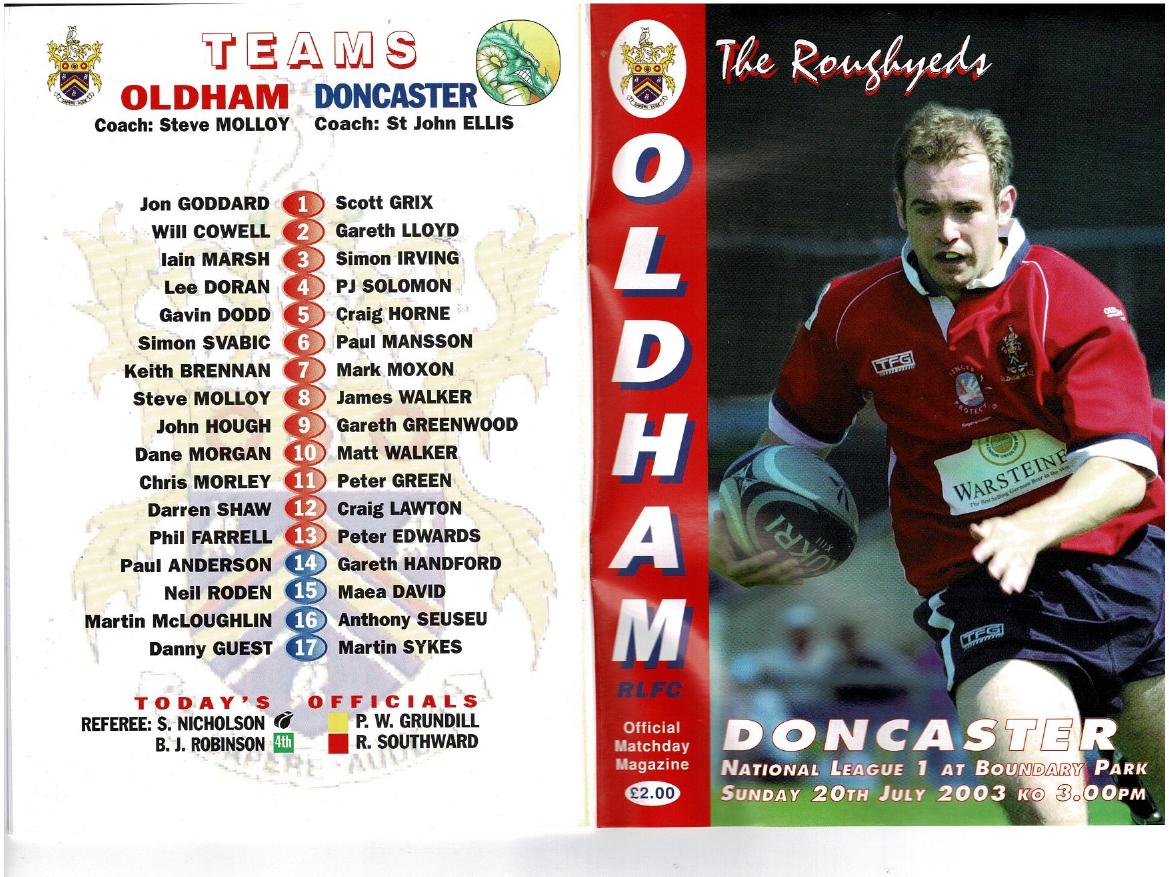 Programme cover: Oldham v Doncaster Dragons, 20 July 2003