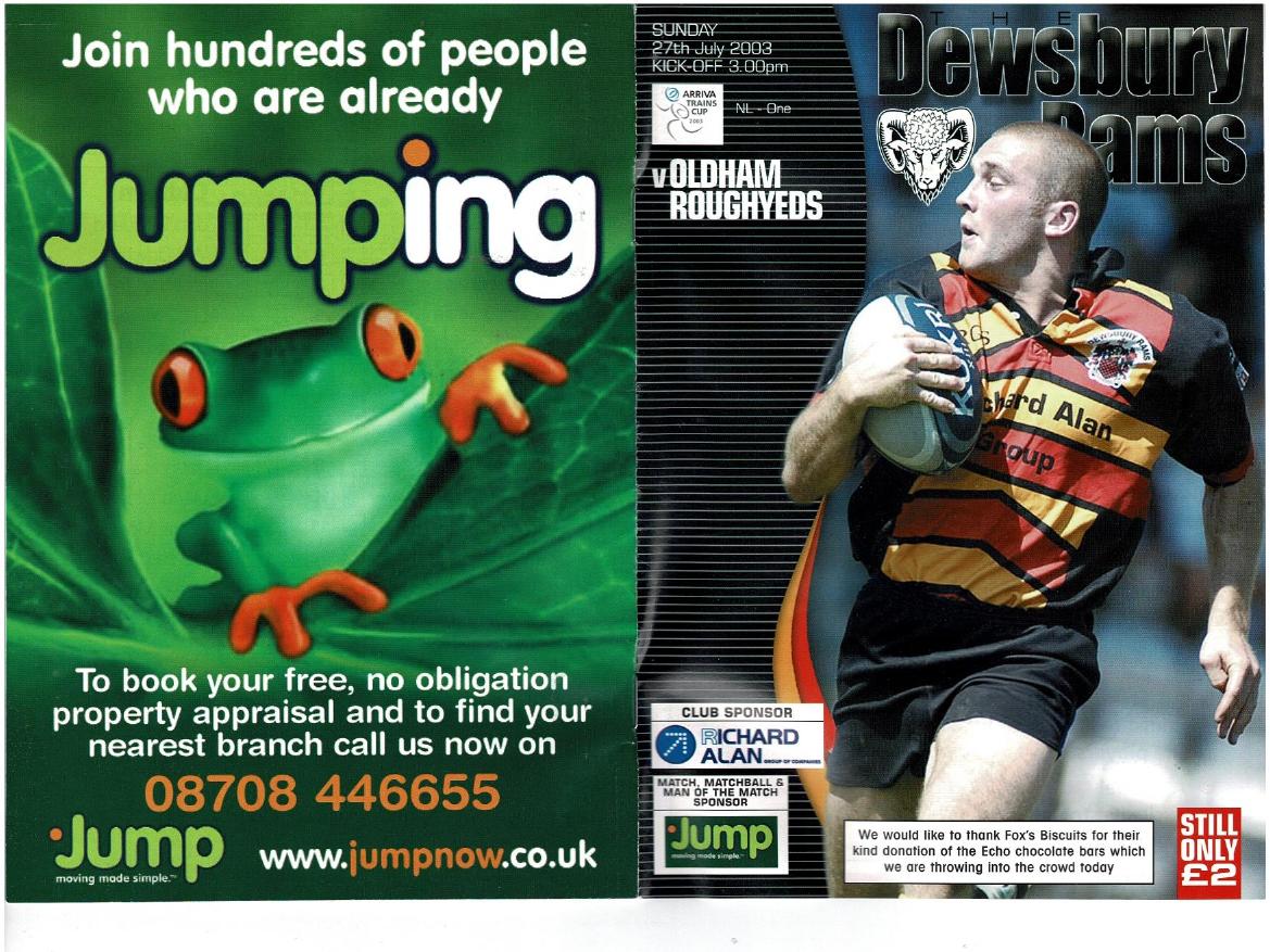 Programme cover: Oldham v Dewsbury Rams, 27 July 2003