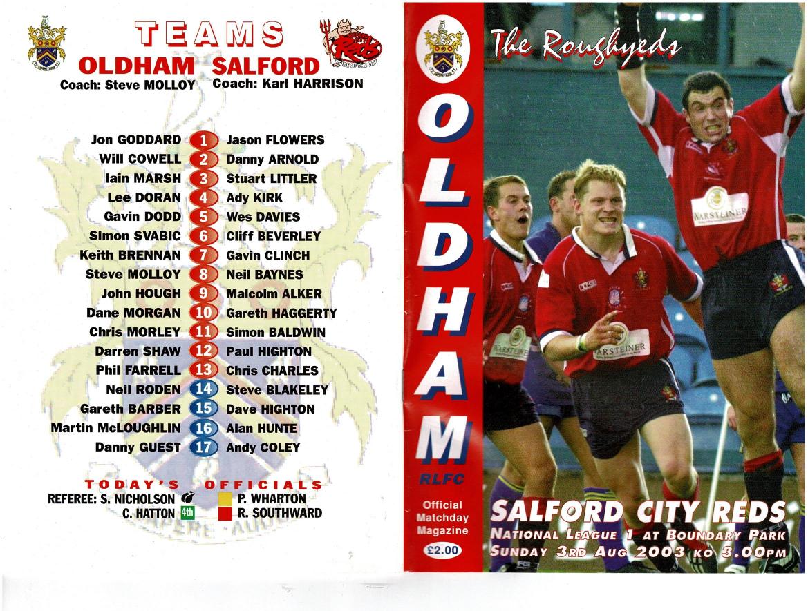 Programme cover: Oldham v Salford City Reds, 3 August 2003