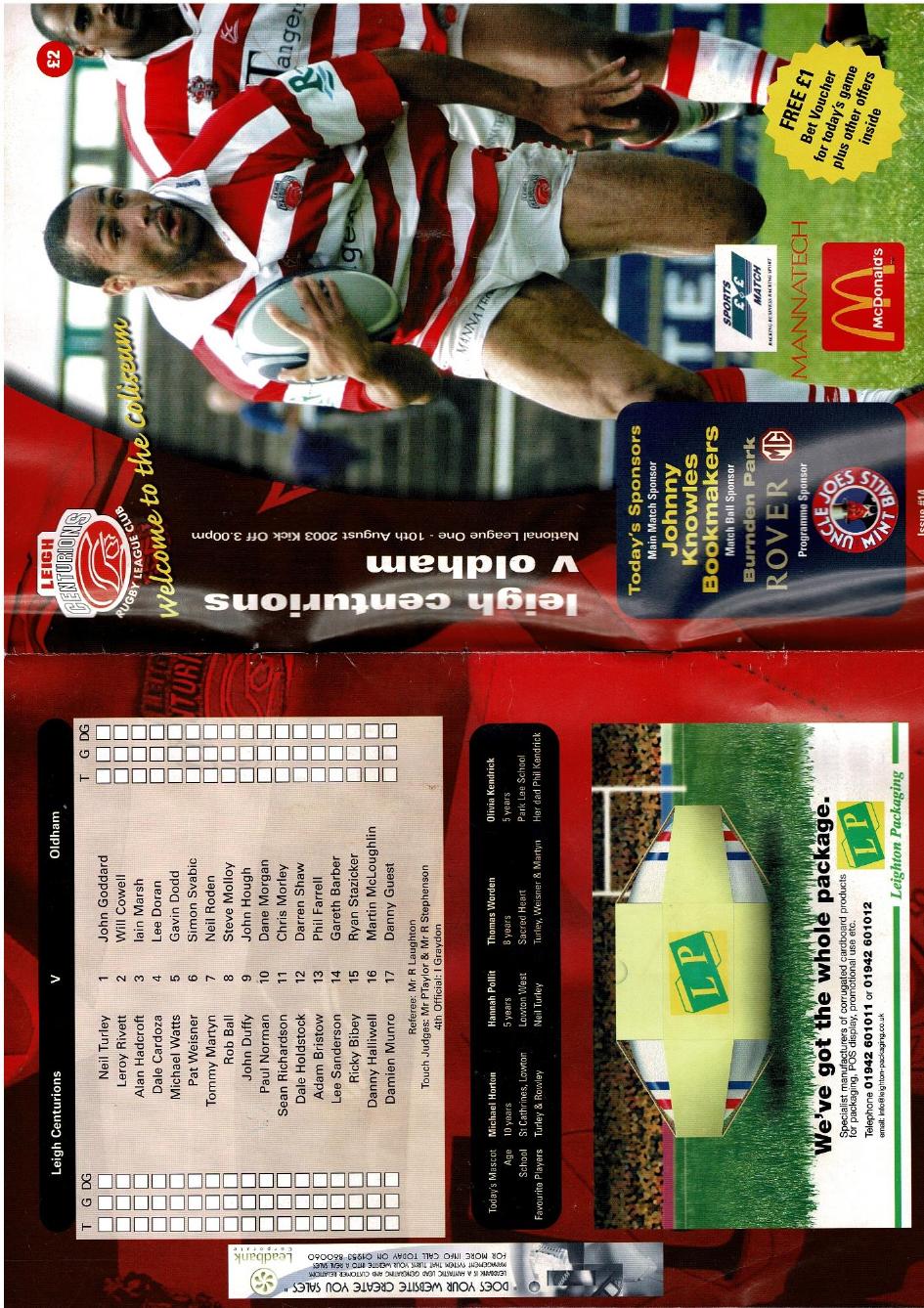 Programme cover: Oldham v Leigh Centurions, 10 August 2003