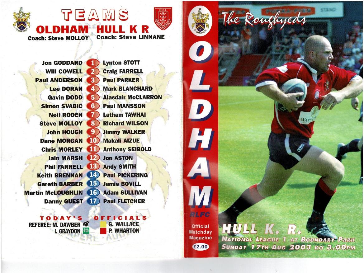 Programme cover: Oldham v Hull Kingston Rovers, 17 August 2003