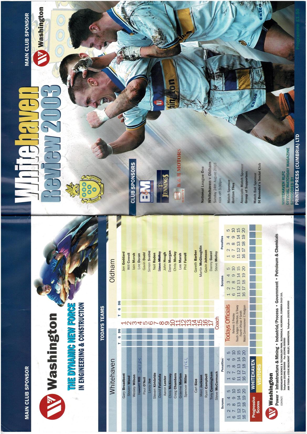 Programme cover: Oldham v Whitehaven Warriors, 24 August 2003
