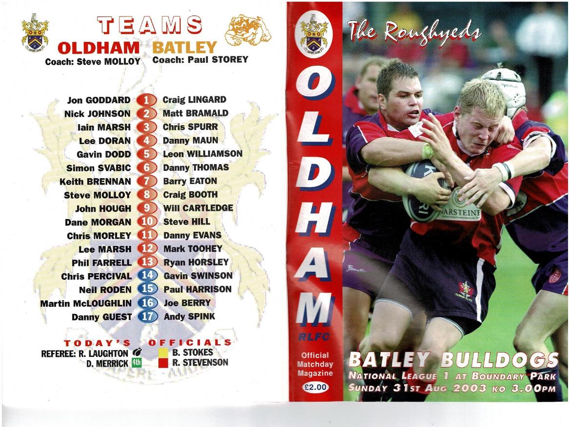 Programme cover: Oldham v Batley Bulldogs, 31 August 2003