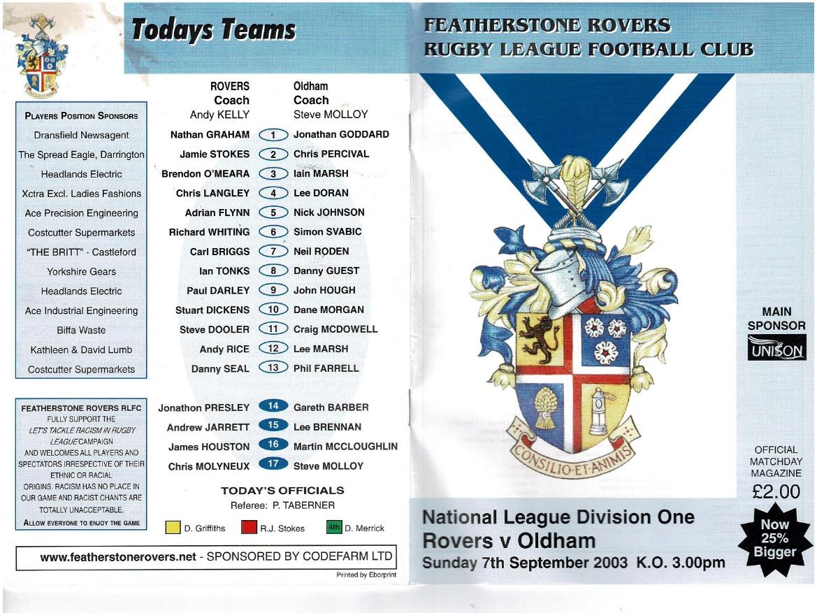 Programme cover: Oldham v Featherstone Rovers, 7 September 2003