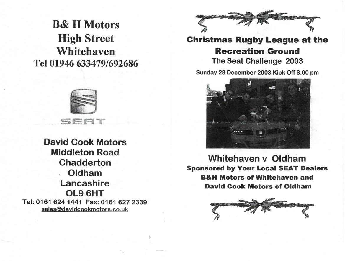 Programme cover: Oldham v Whitehaven Warriors, 28 December 2003