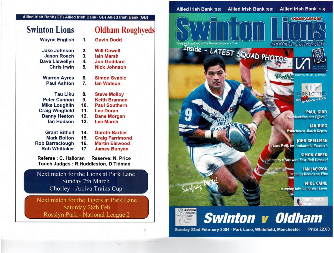 Programme cover: Oldham v Swinton Lions, 22 February 2004