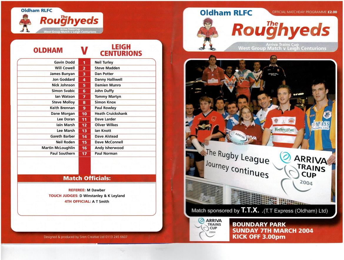 Programme cover: Oldham v Leigh Centurions, 7 March 2004
