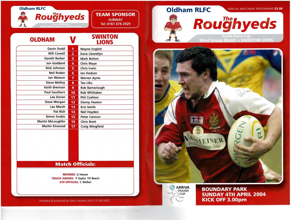 Programme cover: Oldham v Swinton Lions, 4 April 2004