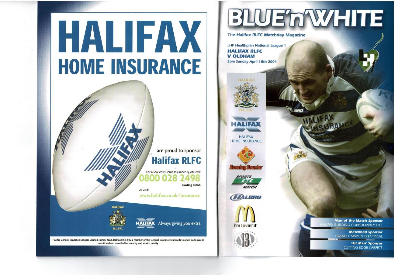 Programme cover: Oldham v Halifax Bue Sox, 18 April 2004