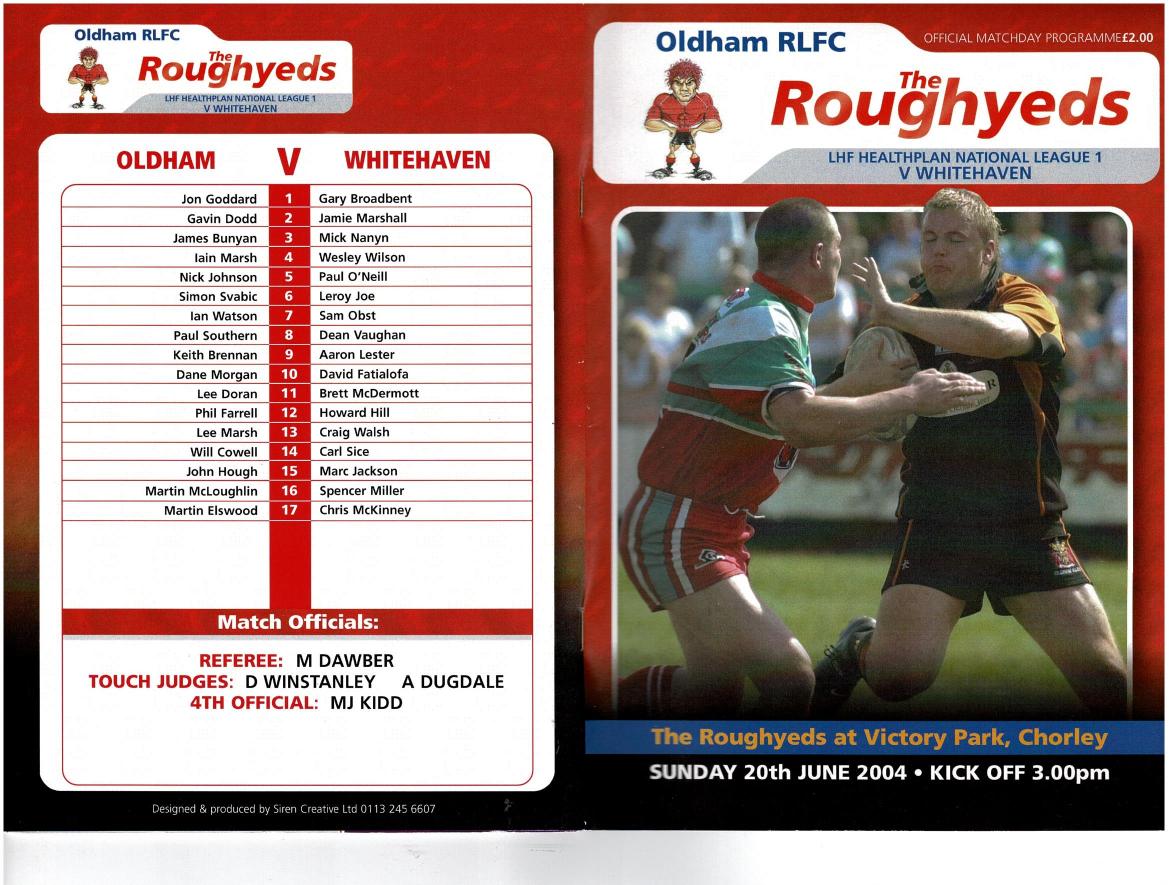 Programme cover: Oldham v Whitehaven Warriors, 20 June 2004