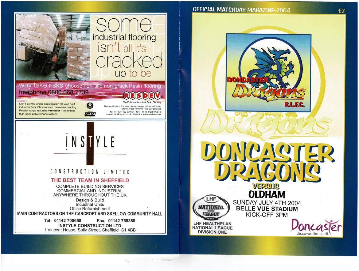 Programme cover: Oldham v Doncaster Dragons, 4 July 2004