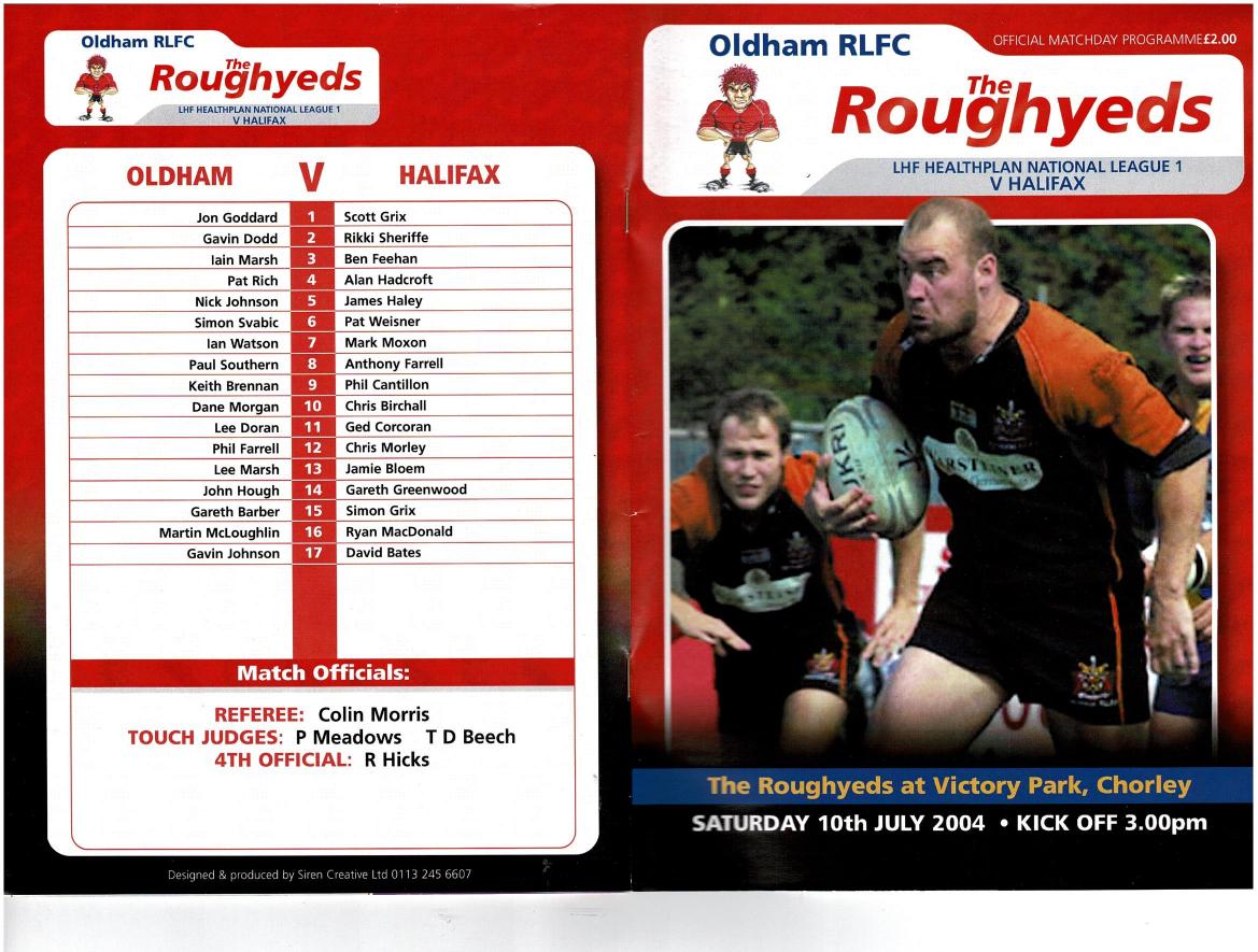 Programme cover: Oldham v Halifax Bue Sox, 10 July 2004