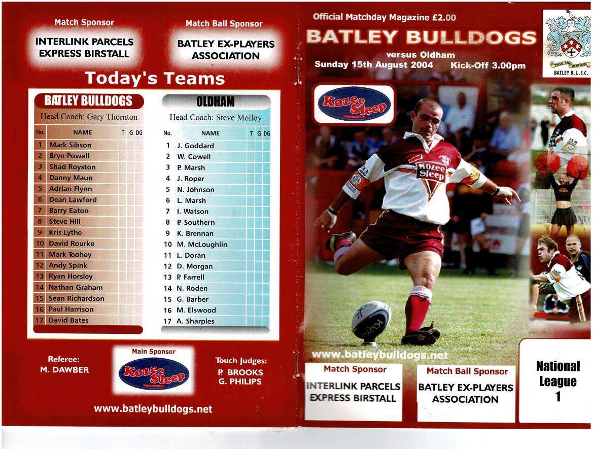 Programme cover: Oldham v Batley Bulldogs, 15 August 2004