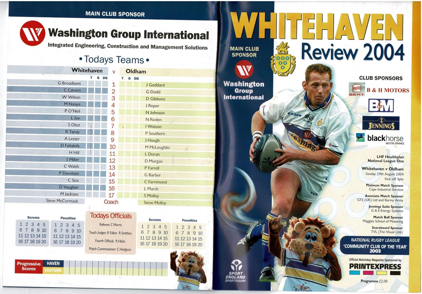 Programme cover: Oldham v Whitehaven Warriors, 29 August 2004
