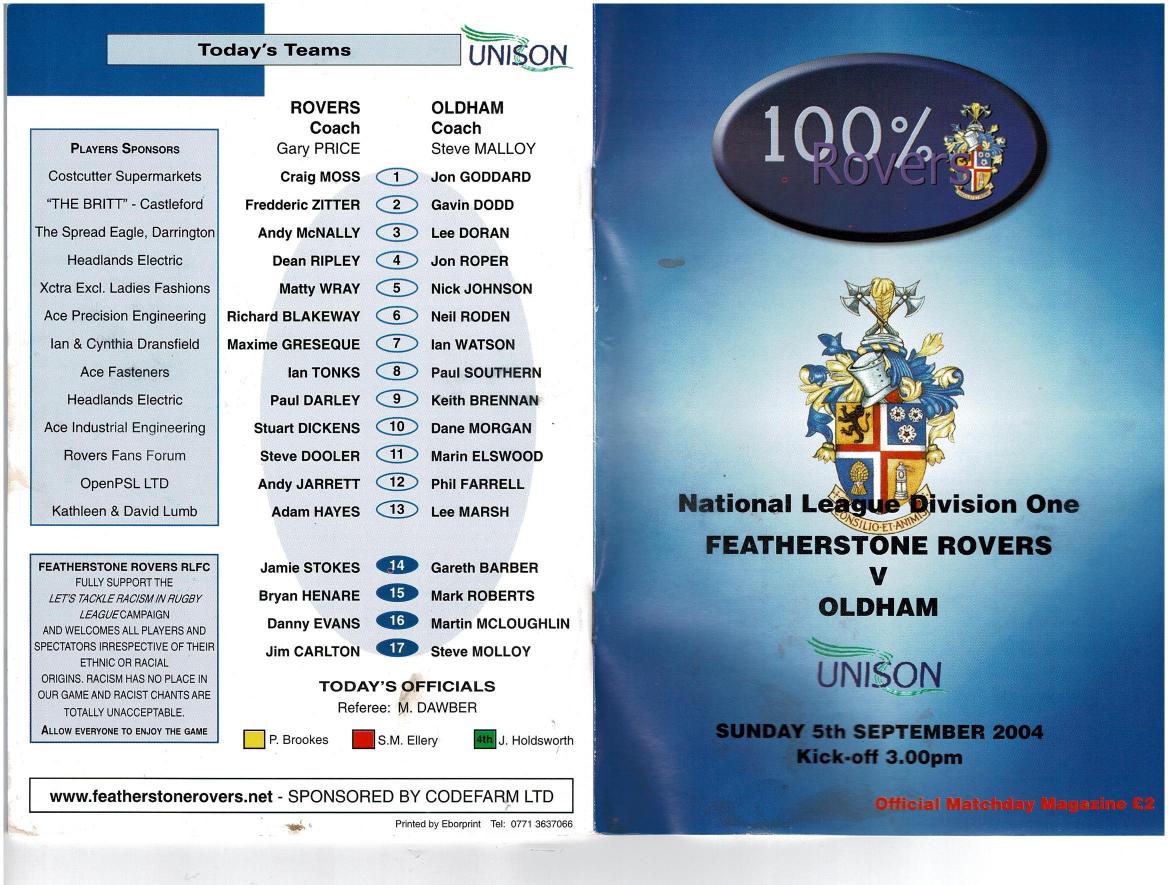 Programme cover: Oldham v Featherstone Rovers, 5 September 2004