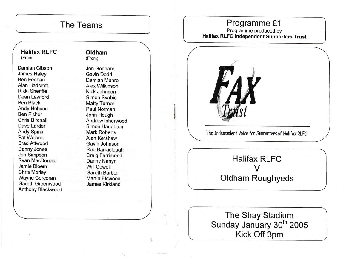 Programme cover: Oldham v Halifax Bue Sox, 30 January 2005