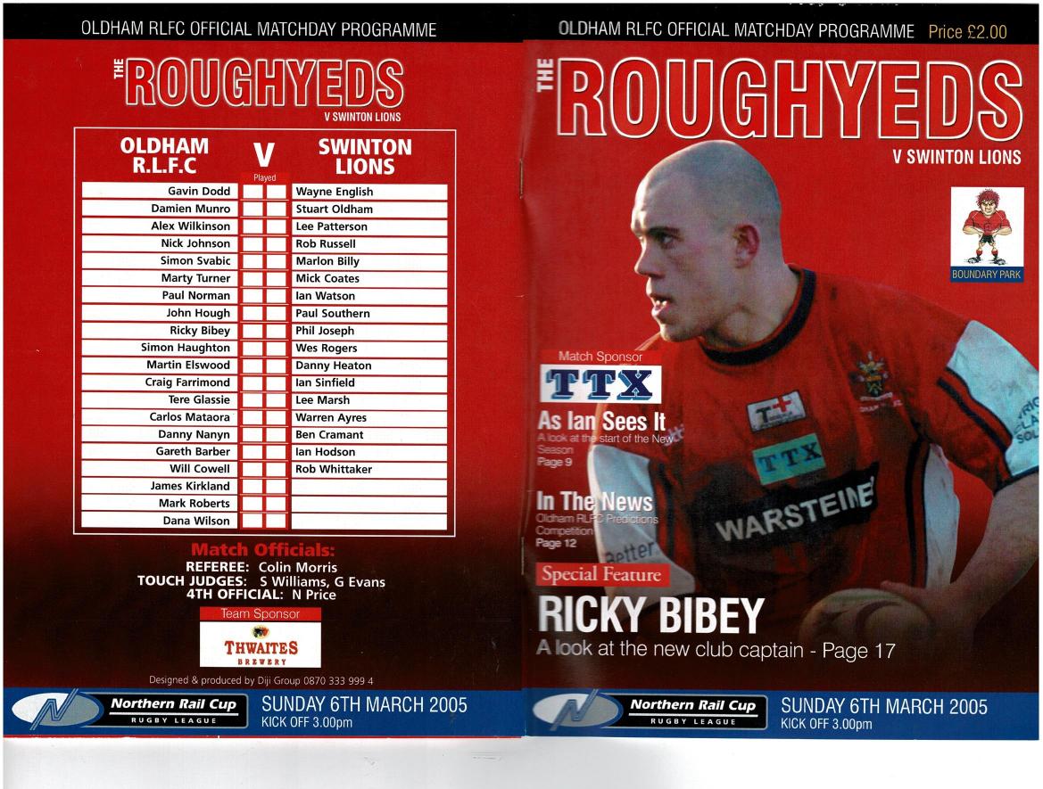 Programme cover: Oldham v Swinton Lions, 6 March 2005