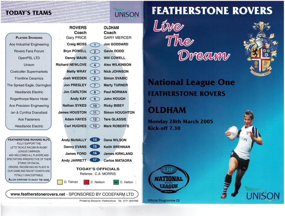 Programme cover: Oldham v Featherstone Rovers, 28 March 2005