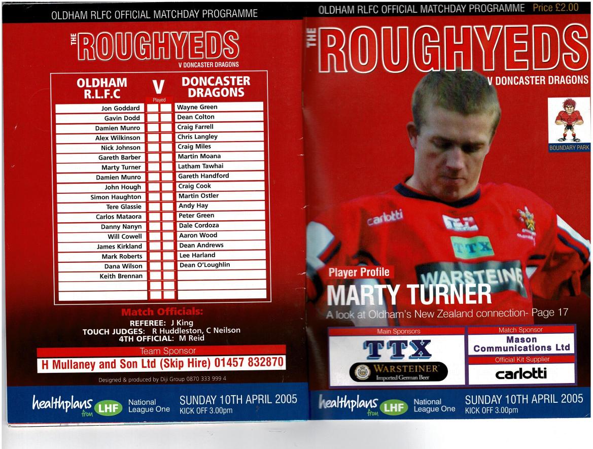 Programme cover: Oldham v Doncaster Dragons, 10 April 2005