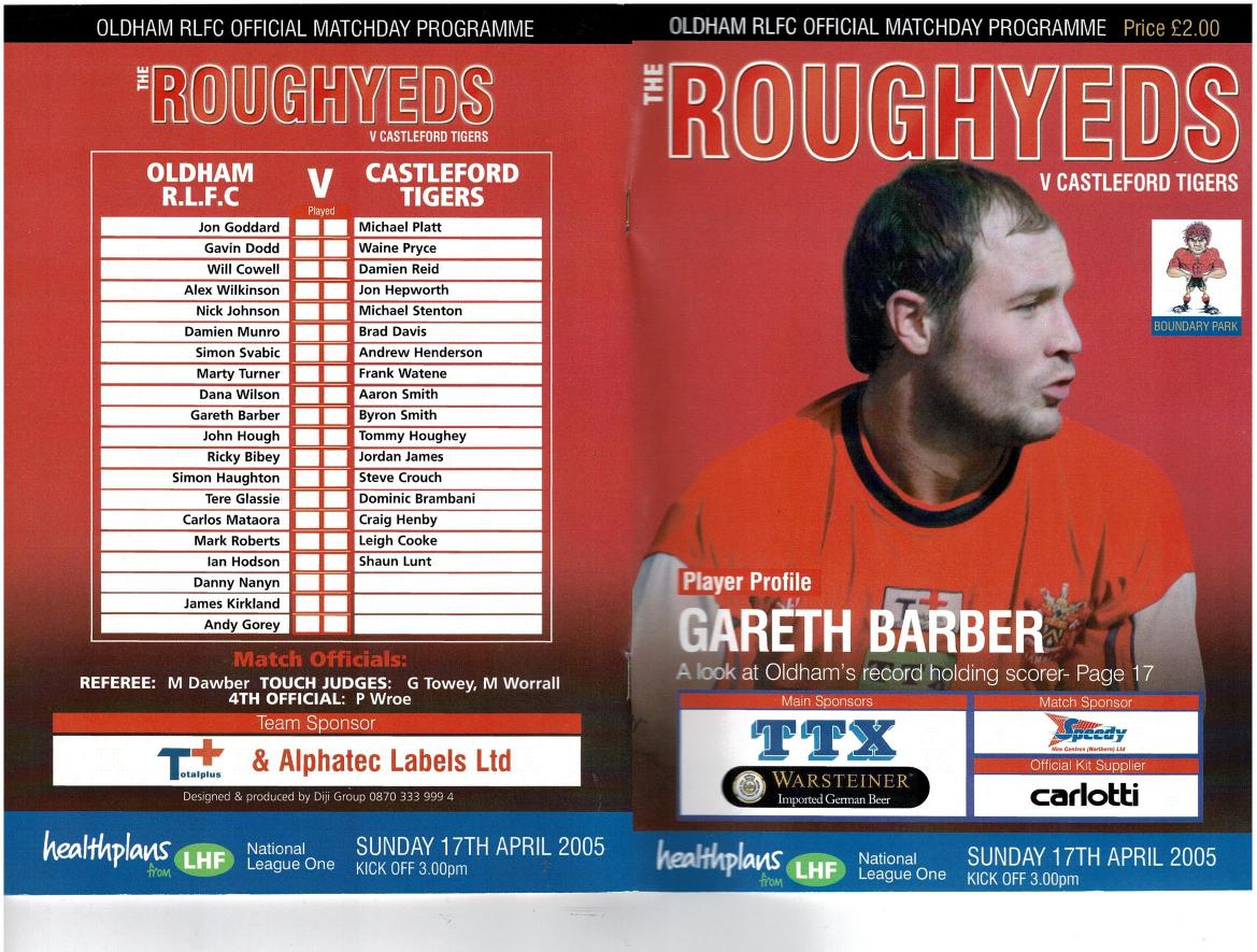 Programme cover: Oldham v Castleford Tigers, 17 April 2005