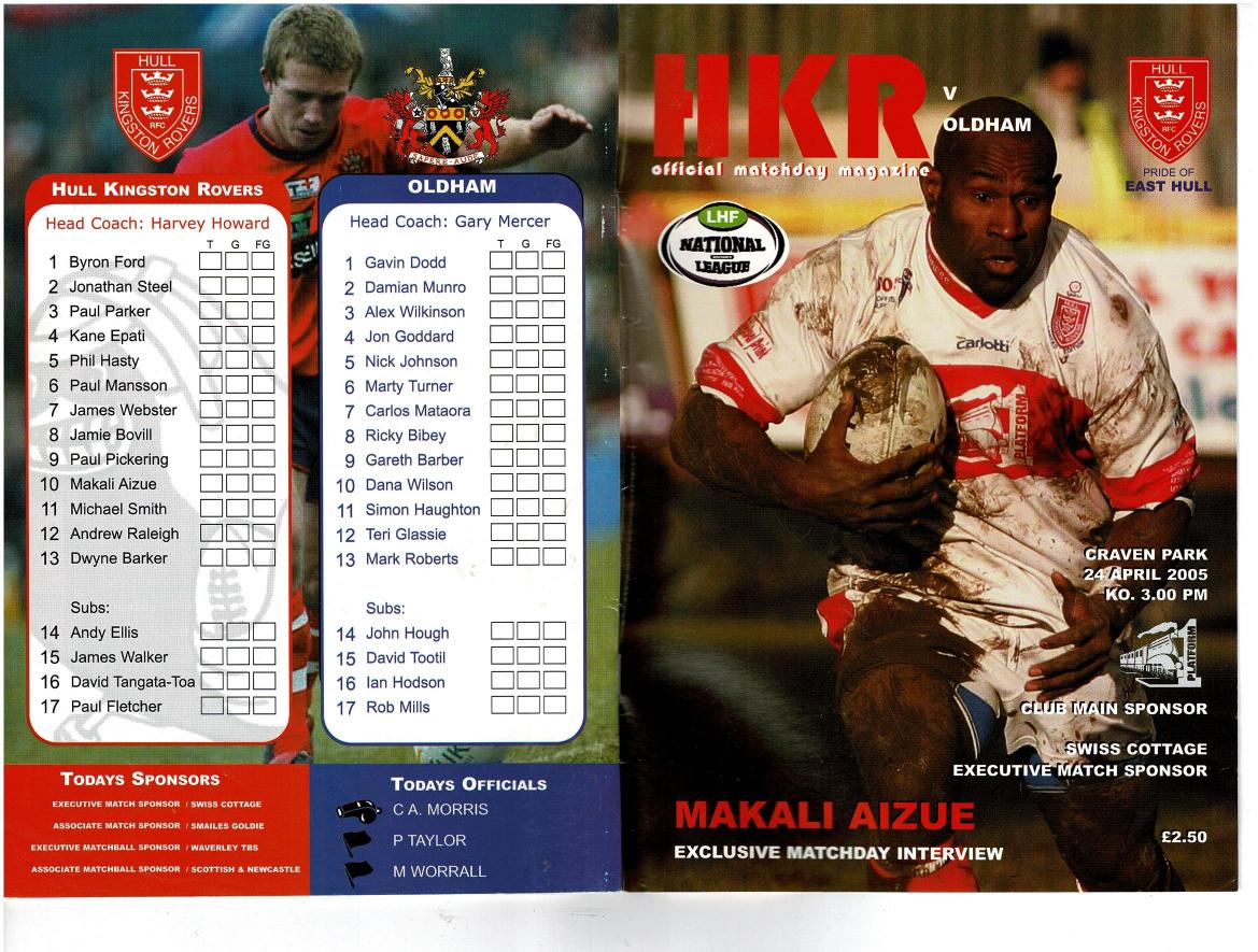 Programme cover: Oldham v Hull Kingston Rovers, 24 April 2005