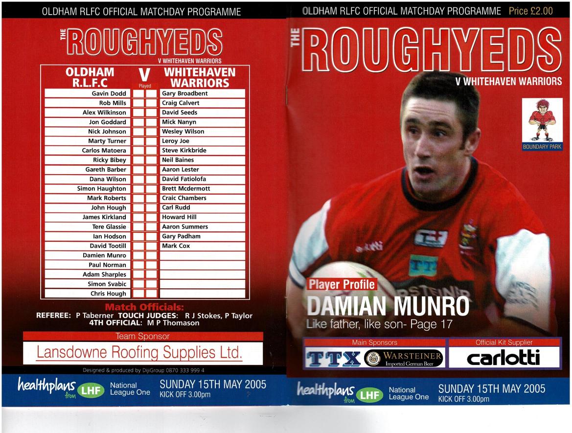 Programme cover: Oldham v Whitehaven Warriors, 15 May 2005
