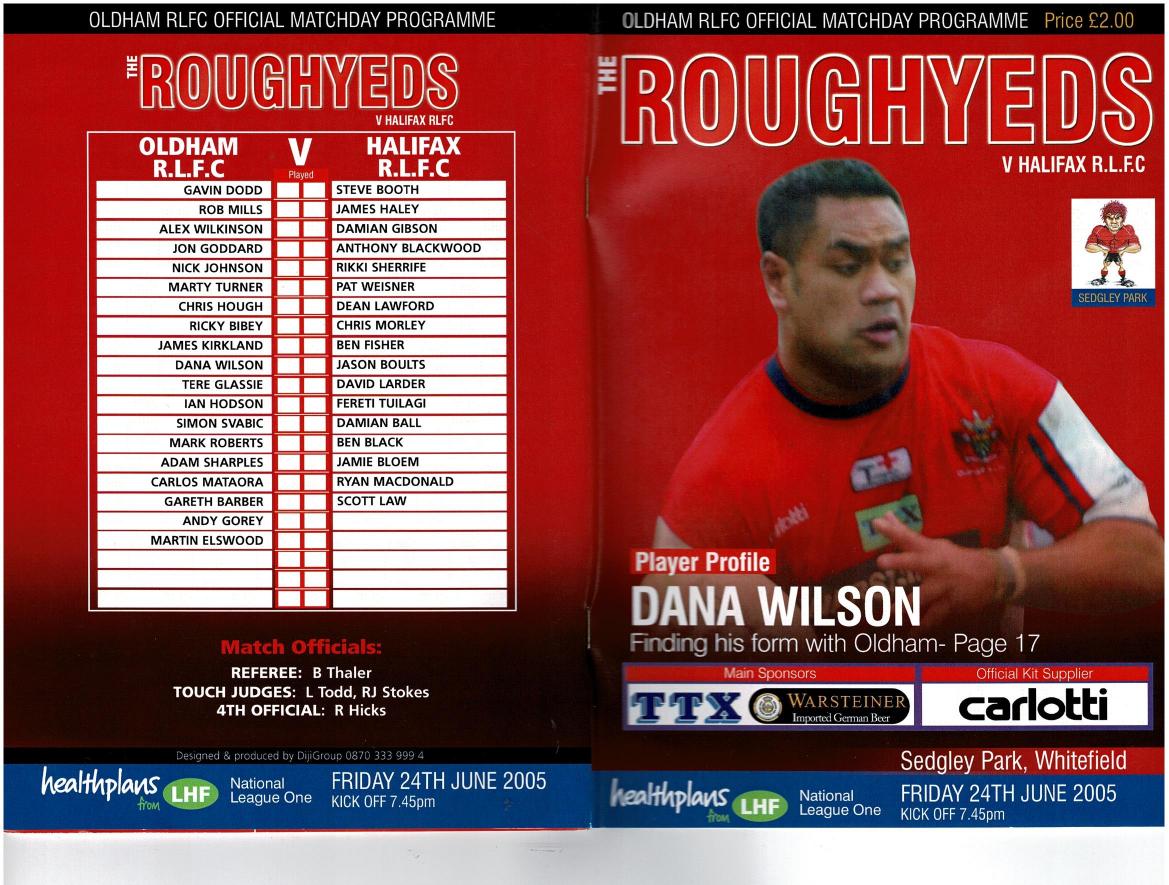 Programme cover: Oldham v Halifax Bue Sox, 24 June 2005