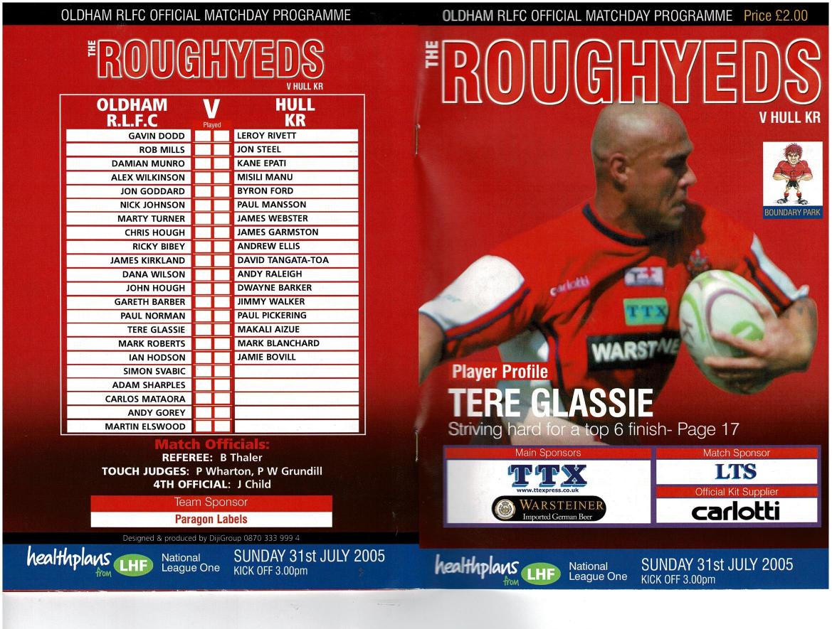 Programme cover: Oldham v Hull Kingston Rovers, 31 July 2005