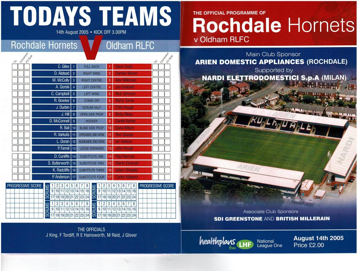 Programme cover: Oldham v Rochdale Hornets, 14 August 2005