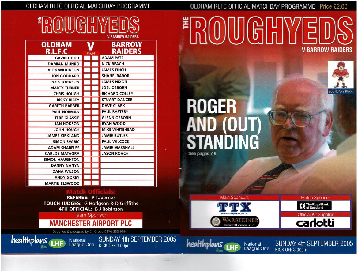 Programme cover: Oldham v Barrow Raiders, 4 September 2005