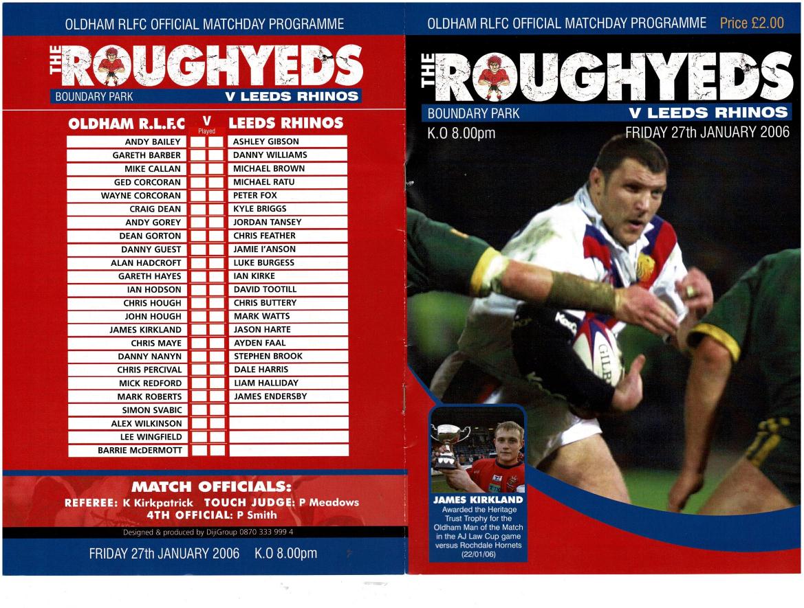 Programme cover: Oldham v Leeds Rhinos, 27 January 2006