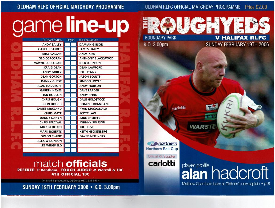 Programme cover: Oldham v Halifax Bue Sox, 19 February 2006