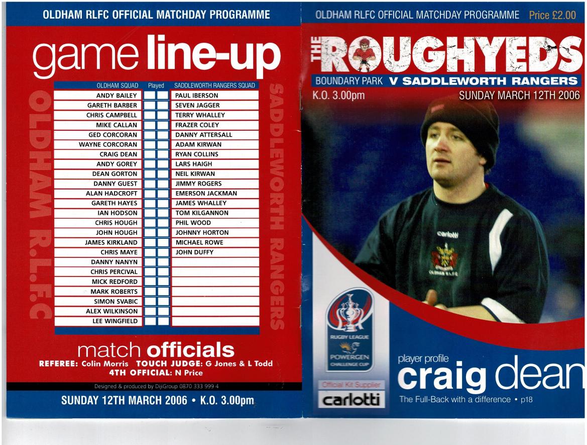Programme cover: Oldham v Saddleworth Rangers, 12 March 2006