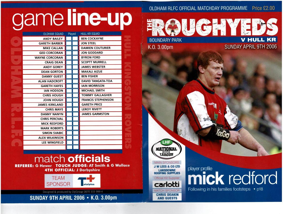 Programme cover: Oldham v Hull Kingston Rovers, 9 April 2006