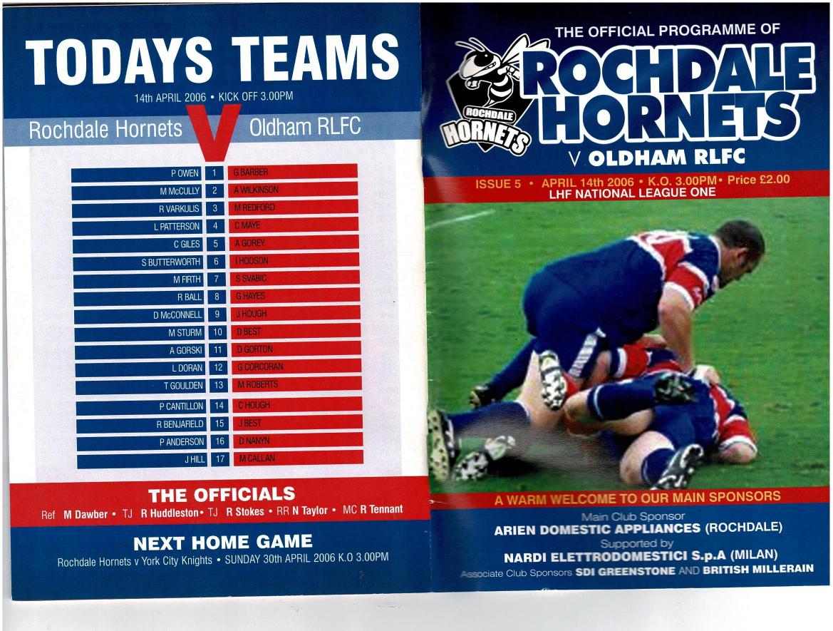 Programme cover: Oldham v Rochdale Hornets, 14 April 2006