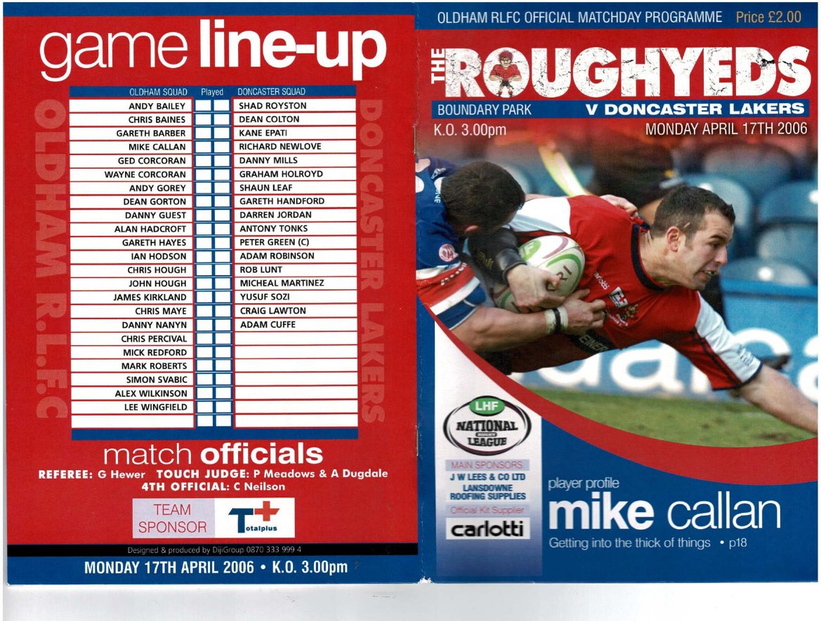 Programme cover: Oldham v Doncaster Lakers, 17 April 2006